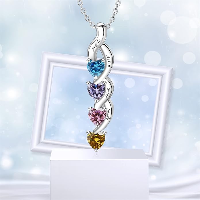 MissNaNa Sterling Silver Personalized Mothers Necklace with Simulated Birthstones Engraved 1-6 Children Names Custom Love Heart Pendant Family Necklace for Women Mother's Day Birthday