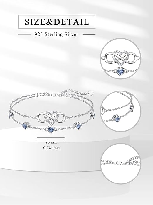 Dorunmo 925 Sterling Silver Infinity Heart Birthstone Anklet Bracelets for Women Best Mother's Day Birthday Jewelry for Wife Girlfriend Mom Her