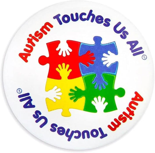 Fundraising For A Cause | Round Autism Touches Us All Puzzle Piece Button Pins – Inexpensive Autism/Asperger’s Awareness Pins for Teachers and Fundraising Events