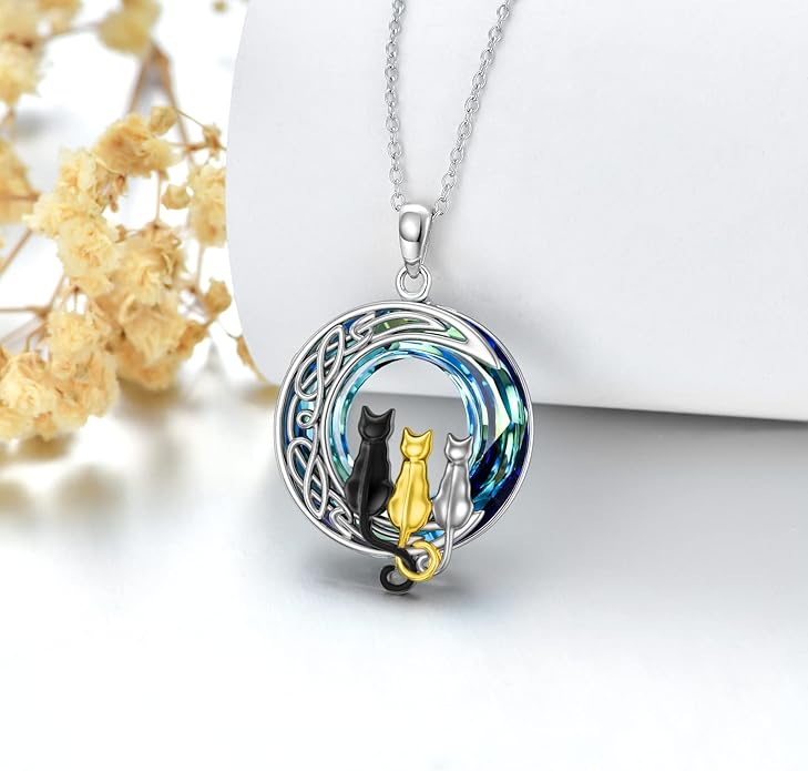 TOUPOP Christmas Cat Gifts for Cats Lovers One Two Three Four Cats Necklace Sterling Silver Cats on the Moon Pendant Necklace with Blue Circle Crystal Birthday Christmas Celtic Jewelry Gifts for Women
