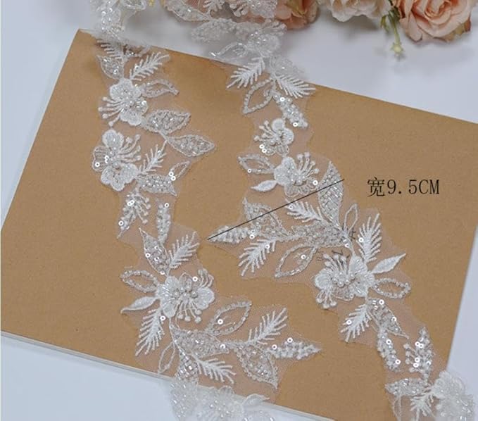 G-RUI 2yard Sequins Beaded Flower Embroidery lace Appliques for Wedding Dresses Rhinestone Applique Patches lace Trims parches ropa (Off White) (P3403A)