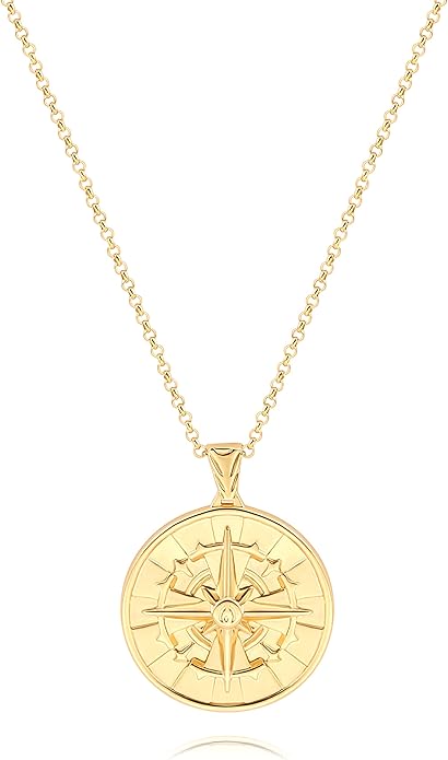CANEVINKA 18K Gold Plate Coin Pendant Necklace for Women Dainty Compass Sunflower Necklaces Personalized Chain Layered Jewelry
