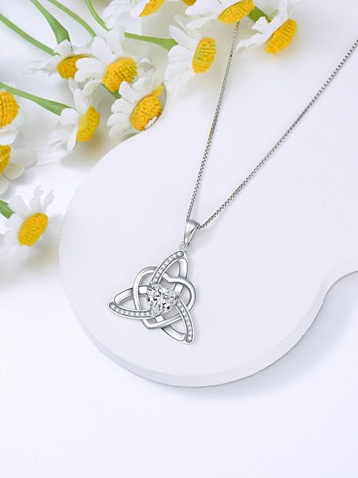 1CT Heart Moissanite Celtic Knot Necklace for Women, 925 Sterling Silver Diamond Trinity Knot Celtic Pendant Necklace Irish Jewelry, Birthday Christmas Valentines Day Gift for Her Wife Mom, 18+2 Inch