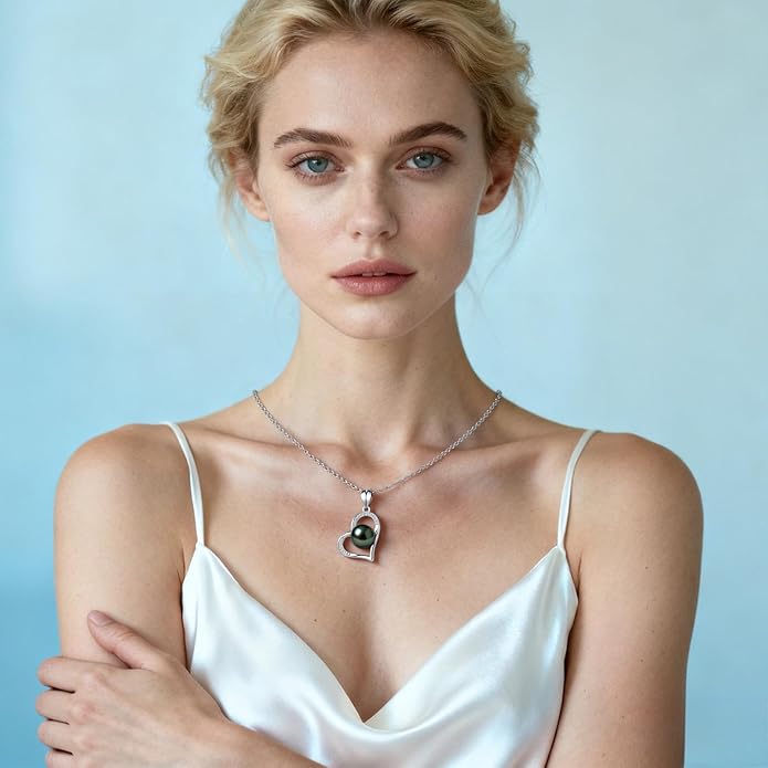 Genuine Tahitian Black Pearl Necklaces for Women, 9-12mm AAAA Seawater Pearl - Sterling Silver Moissanite Pendant, Wedding Anniversary, Birthday, Christmas Gift for Wife, Mom, Girlfriend, Fine Jewelry