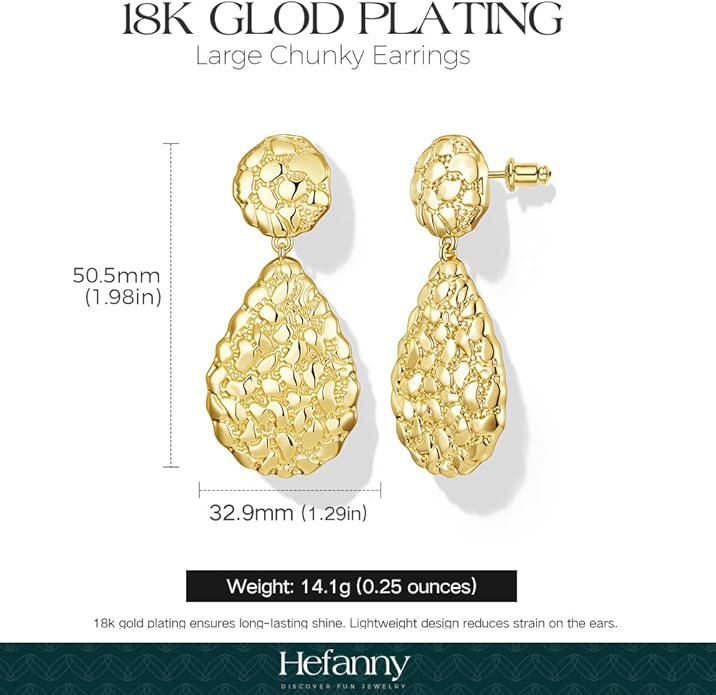 Hefanny Large Hammered Teardrop Dangle Earrings Geometric Chunky Flower Earrings Women's Trendy Statement Jewelry Multiple Styles