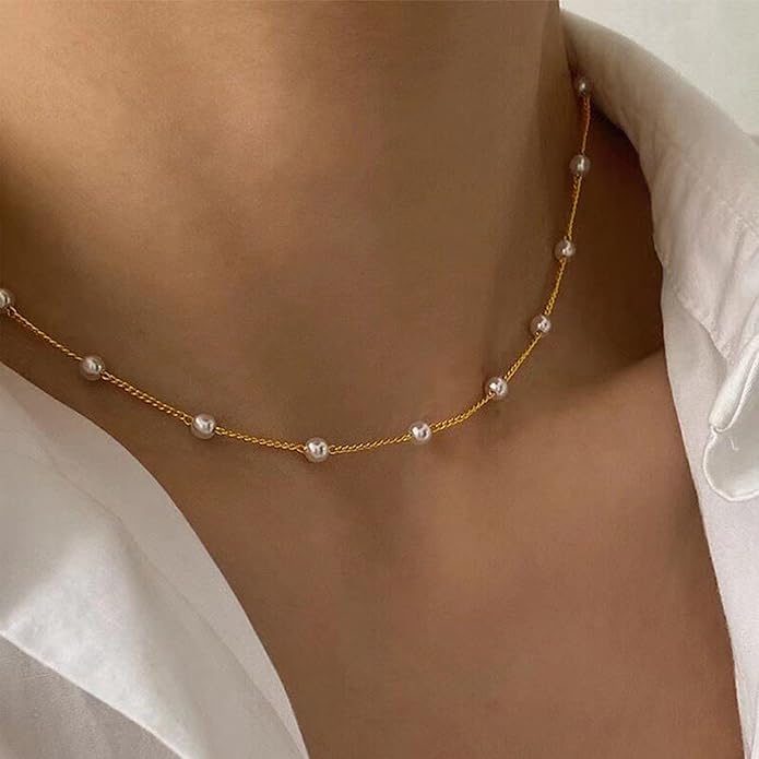 Gold Pearl Necklace for Women, 14K Gold Plated Layered Pearl Necklaces for Women Trendy Simple Herringbone Chain Pearl Necklace for Women Gold Jewelry Gifts