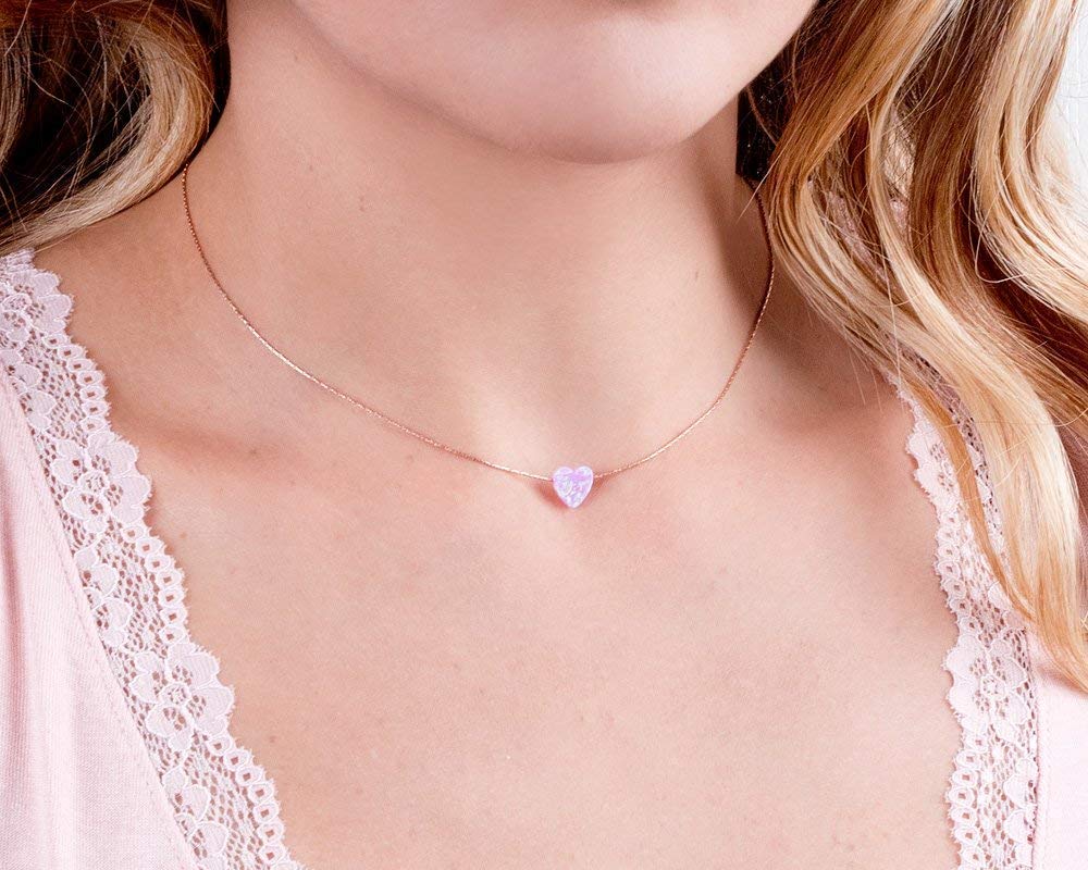 Pink Opal Heart on Rose Gold Filled Choker Necklace - Designer Handmade Necklace for Women - Length: 13.5 inch + 3 inch Extender (rose gold filled, pink)