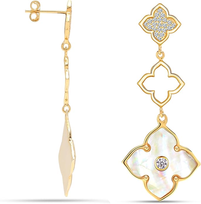 LeCalla 925 Sterling Silver Drop Earrings | Mother of Pearl Clover Earring | Mother of Pearl Stud Earring | Zirconia MOP Drop Dangle Hoop Earrings for Women
