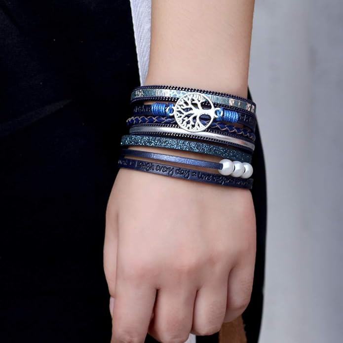 Fesciory Leopard Bracelet for Women, Boho Leather Wrap Multi-Layer Pearl Crystal Bracelet Bangle Jewelry