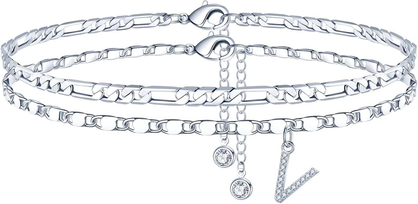 Ursteel Ankle Bracelets for Women, 14K-Gold-Plated Dainty Layered Chain CZ Initial Anklets Set Summer Jewelry Gifts for Women