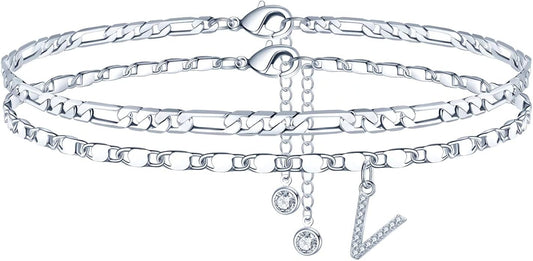 Ursteel Ankle Bracelets for Women, 14K-Gold-Plated Dainty Layered Chain CZ Initial Anklets Set Summer Jewelry Gifts for Women
