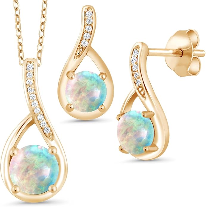 Gem Stone King 18K Yellow Gold Plated Silver Round Gemstone Birthstone and Diamond Pendant Earrings Jewelry Set For Women | Round 6MM and 5MM | With 18 Inch Chain