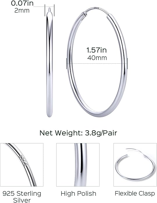 ChicSilver Hypoallergenic 925 Sterling Silver Hoop Earrings for Women, Lightweight Large Gold Plated Hoop Earrings, Endless Hoops Earring 20/30/40/50/60/70MM