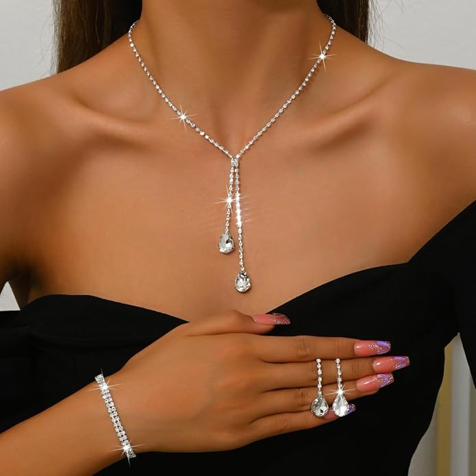 MIFYNN Rhinestone Wedding Set for Women Sparkle Crystal Earrings Necklace Bracelet Jewelry Set Wedding Party Prom Jewelry Set for Brides Bridesmaid