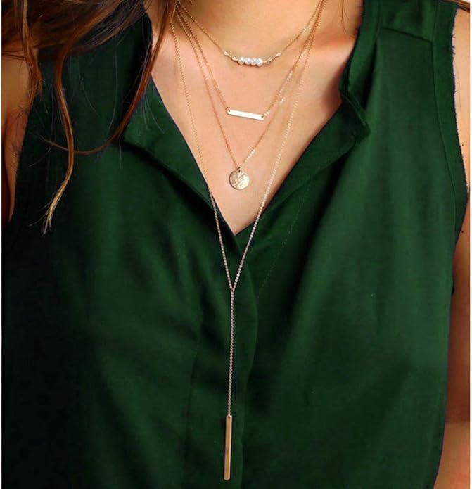 Turandoss Dainty Layered Choker Necklace, Handmade Y Pendant Necklace Multilayer Bar Disc Necklace Adjustable Layering Choker Necklaces for Women