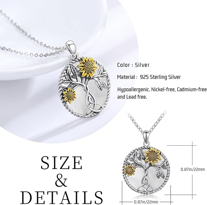 CHENGHONG Sunflower Necklace 925 Sterling Silver Tree of Life Necklace Daisy/Rose/Sunflower Pendant Necklace Sunflower Jewelry Gifts for Women Mom