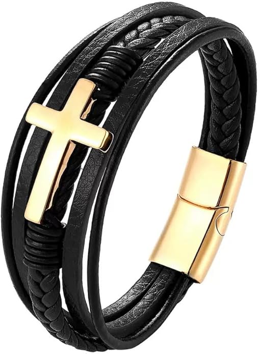 Fahonie Cross Leather Bracelet for Men Women 316L Stainless Steel with 18K Gold Plated Christ Jesus Multi-layer Handmade Christian Bracelet,7.5/8/9 Inches
