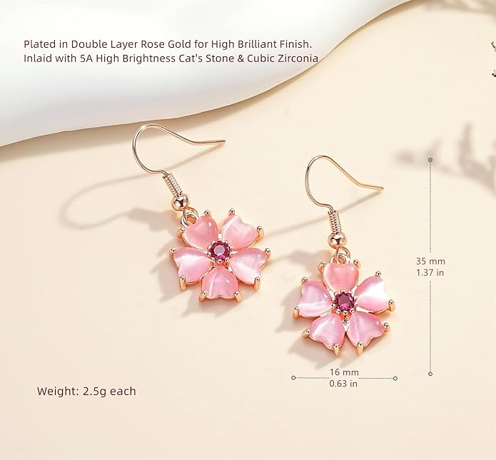 VONSSY Elegant Cherry Blossom Necklace Earrings Pink Cats Eye Flower Flora Sakura Gemstone Crystal Pendant 18k Gold Plated Chain Jewelry Set Gift for Woman Wife Girlfriend