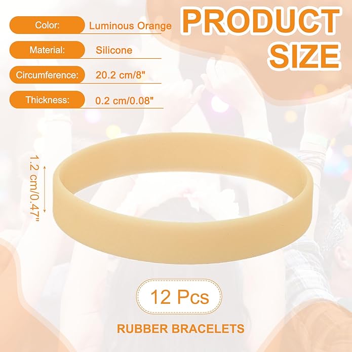 uxcell 12 Pcs Rubber Bracelets, Unisex Silicone Bracelet Colored Elastic Sports Wristbands for Adults Teen Sports Team Games Parties Fashion Decorations, Luminous Orange