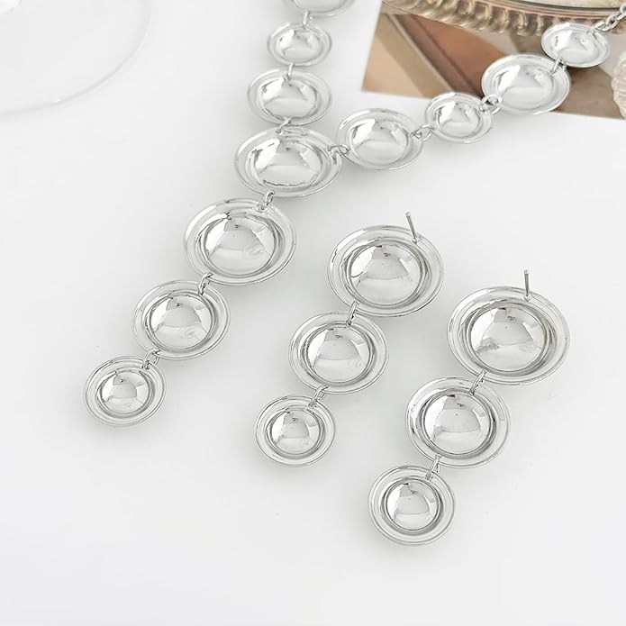 Exaggerated Chunky Gold Choker Long Y Necklace Round Drop Earring Set for Women Unique Big Geometry Silver Necklaces Large Dangly Earring Jewelry Gift