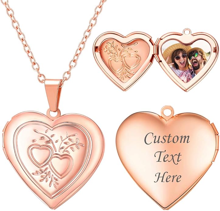 U7 Women Locket Necklace Platinum 14K Gold Photo Lockets that Hold Picture,Chain 20 Inch Personalized Gift Custom Love Heart Image Necklaces