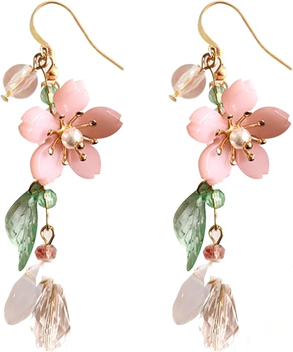 Pink Flower Dangle Earrings for Women Cute Asymmetry Flower Earrings Fairy Statement Summer Refreshing Seaside Idyllic Holiday Earrings