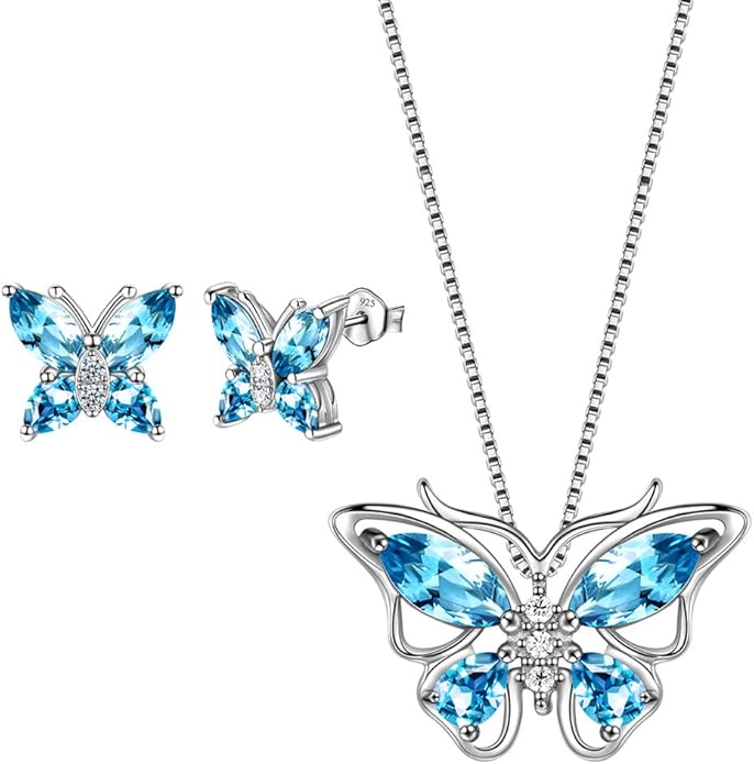 Aurora Tears Butterfly Jewelry,Women 925 Sterling Silver Butterflies Birthstone Pendant Necklace/Earrings/Rings Wedding Gift