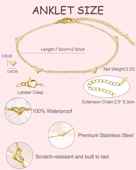 Gold Ankle Bracelets for Women Waterproof - 18K Gold Plated Stainless Steel Dainty Heart Anklets, Non Tarnish Meaningful Gifts for Her Sister Best Friend or Yourself