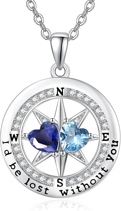 Compass Birthstones Necklace for Women, Exquisite Anniversary Birthday Gifts for Wife Her Double Birthstone Pendant jewelry ‘I'd be Lost Without You’