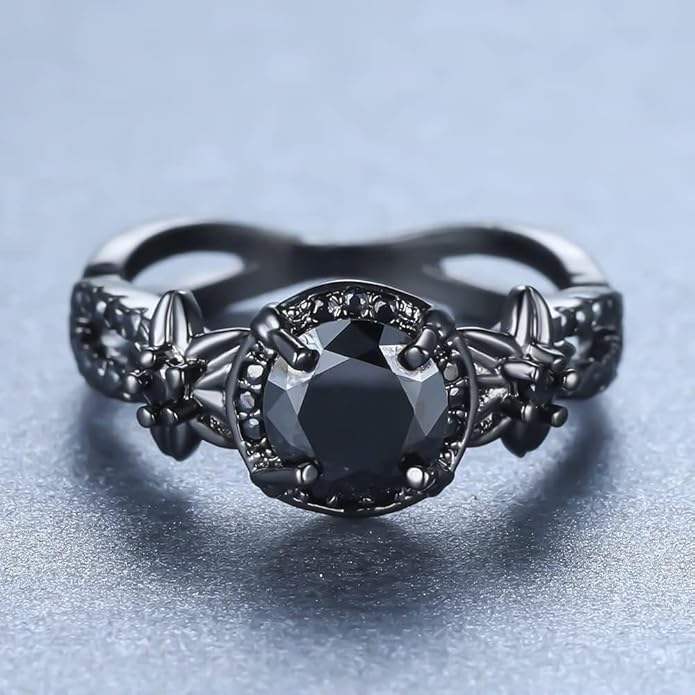 Gothic Black Rings for Women, Mystic Rainbow Topaz with Created Amethyst Flower Goth Black Gold Wedding Engagement Ring Size 6 to 11