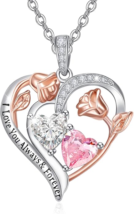 Zeuslia Double Birthstone Necklace Gifts for Wife - 925 Sterling Silver Sunflower/Rose/Crown Cross/Compass/Heart Pendant I Love You Necklace, Anniversary Birthday Gifts for Wife Girlfriend Mom Her