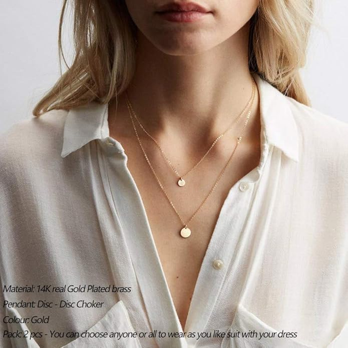 Turandoss Dainty Layered Choker Necklace, Handmade Y Pendant Necklace Multilayer Bar Disc Necklace Adjustable Layering Choker Necklaces for Women
