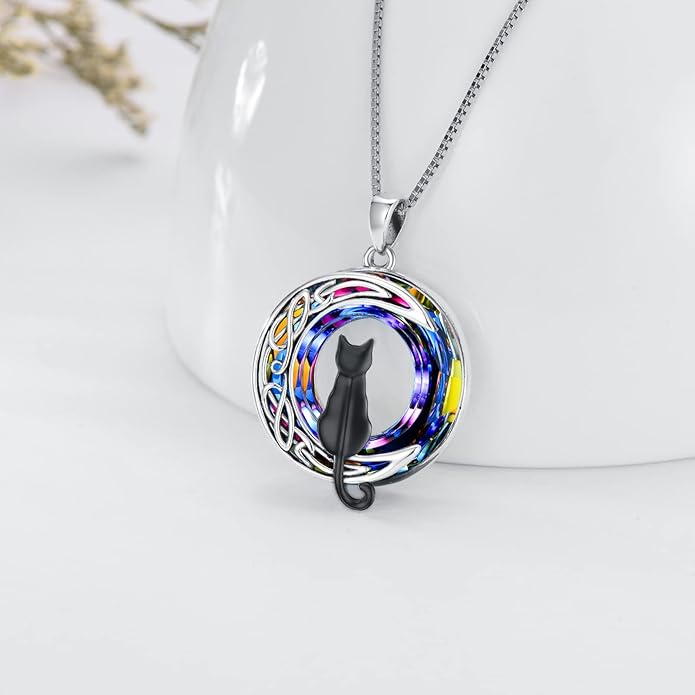 TOUPOP Christmas Cat Gifts for Cats Lovers One Two Three Four Cats Necklace Sterling Silver Cats on the Moon Pendant Necklace with Blue Circle Crystal Birthday Christmas Celtic Jewelry Gifts for Women