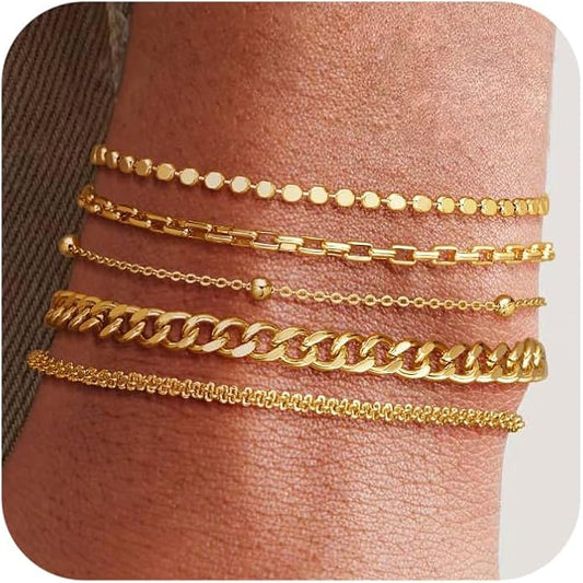 DEARMAY Waterproof Gold Plated Bracelets Set for Women Trendy, Dainty 14K Gold Jewelry Fashion Stackable Tennis Beaded Figaro Herringbone Paperclip Link Bracelet Pack Stack Gifts for Women