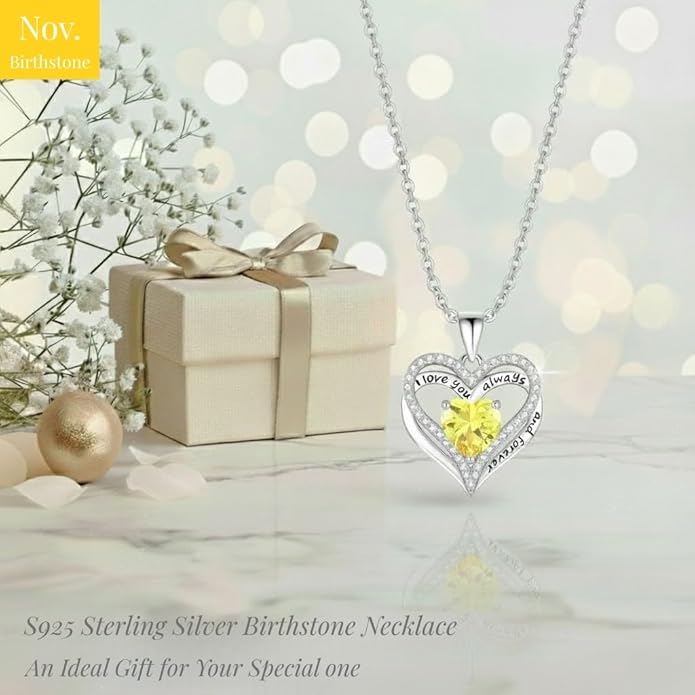 Birthstone Heart Necklace for Women Wife Girlfriend Mom Daughter Gifts S925 Silver Jewelry For Anniversary Rose Gold Gifts For Birthday Christmas Mothers Valentines Day