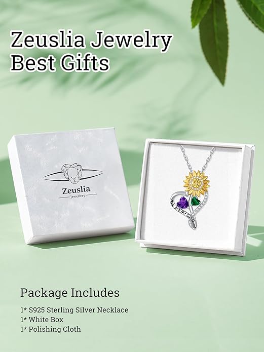 Zeuslia Double Birthstone Necklace Gifts for Wife - 925 Sterling Silver Sunflower/Rose/Crown Cross/Compass/Heart Pendant I Love You Necklace, Anniversary Birthday Gifts for Wife Girlfriend Mom Her
