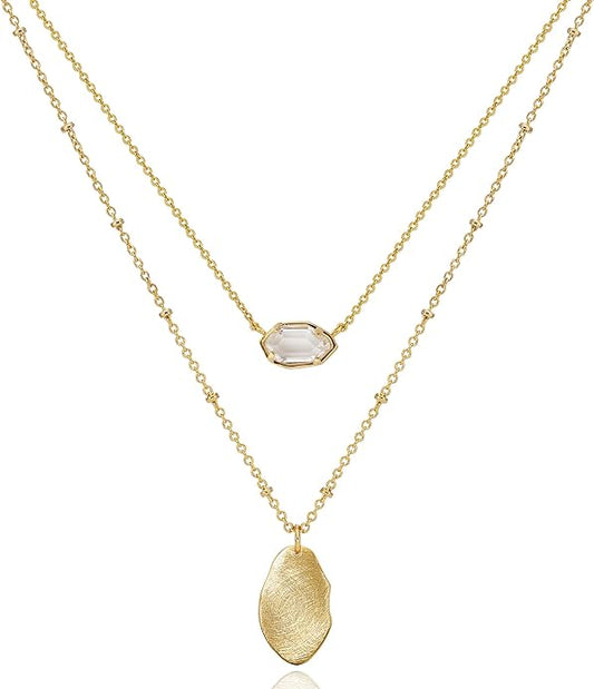 OZEL JEWELRY & GIFT Layered Gold Necklaces for Women - Crystal Colorful Delicate Cutting Pendant Necklace - 18K Gold Plated - Birthday Gifts (Made in Korea)