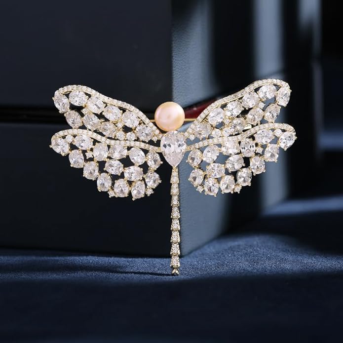 14K Gold Exquisite Dragonfly Brooch Adorned with Colorful Gemstones and Lustrous Pearls, Chic Brooch Accent for Special Events, Ideal for Stylish Women