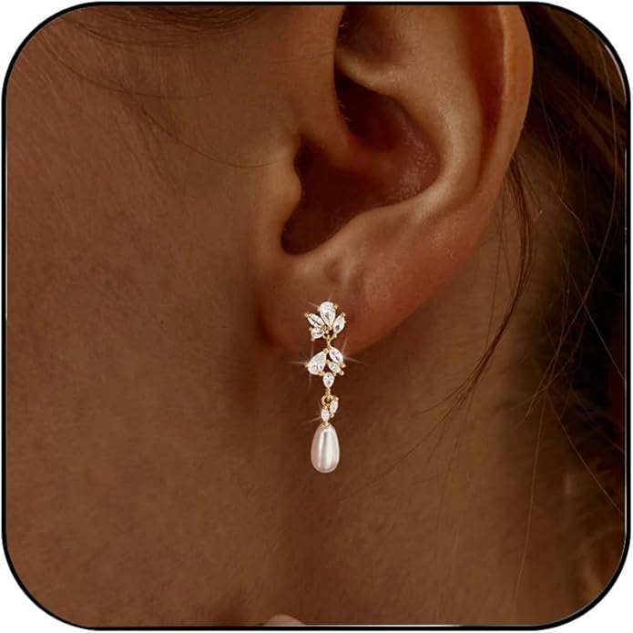 Gold Earrings for Women,Dainty 14k Gold Plated Pearl Drop Earring Dangle Pearl Dangling Earrings for Women Trendy Small Cute Wedding CZ Earring Long Chain Threader Prom Jewelry Gifts