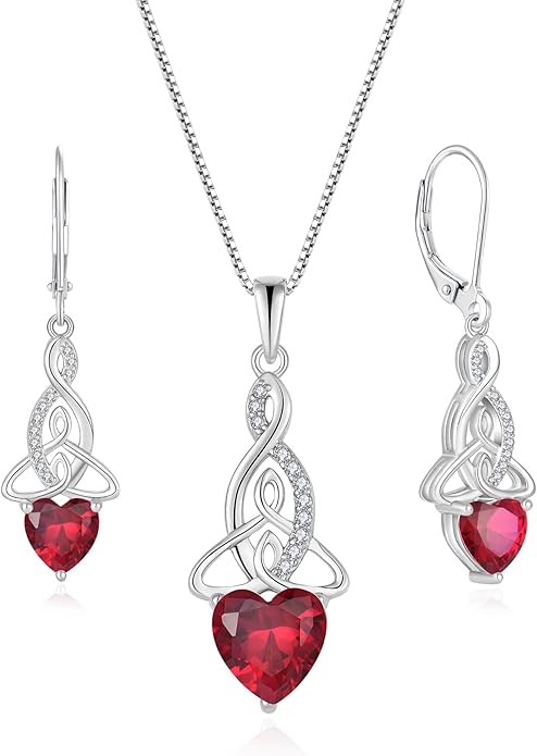 Infinity Celtic Knot Jewelry Set for Women 925 Sterling Silver Ruby Earrings and Necklace Set July Birthstone Jewelry Gifts for Her
