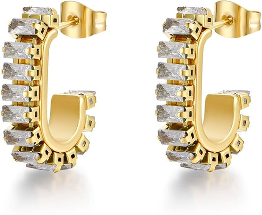 Green Crystal huggie gold hoop earrings for women Girls,14K Gold Plated with 925 Sterling Silver Post color Cubic Zirconia dainty cute Earrings| CZ Stud Earring