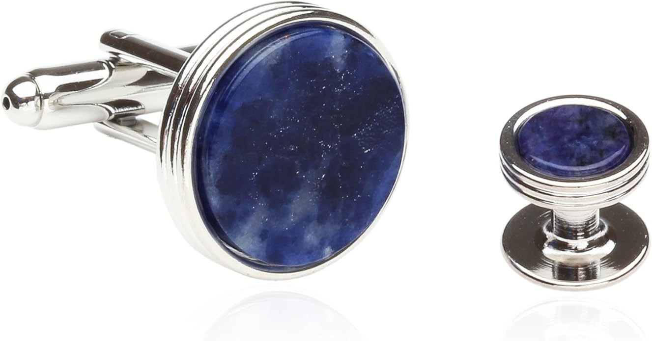 Blue Sodalite Tuxedo Shirt Cufflinks Studs Formal Set for Men with Travel Gift Box Lapis Lazuli Blue Cufflinks and Studs