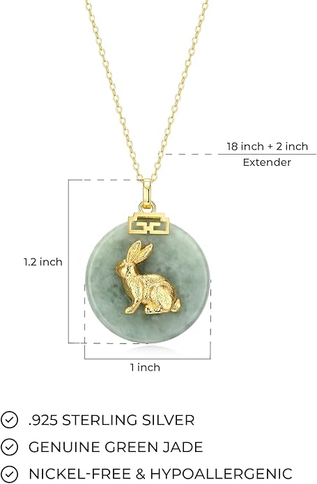 ETERNAL JADE .925 Sterling Silver 18K Gold Plated Chinese Zodiac Sign Pendant Necklaces for Women - Hypoallergenic Genuine Green Jade Gold Necklace for Women Zodiac Year Jewelry, 18 inch Chain