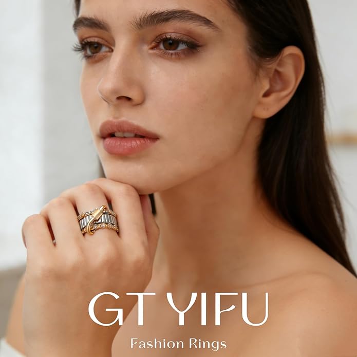 GT YIFU Statement Rings for Women, 18k Gold Plated Stackable Cubic Zirconia Rings, Silver Gold Multi Ring Mixed Metals Stackable Ring Set for Women Non Tarnish