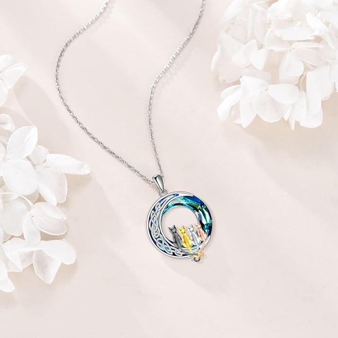 TOUPOP Christmas Cat Gifts for Cats Lovers One Two Three Four Cats Necklace Sterling Silver Cats on the Moon Pendant Necklace with Blue Circle Crystal Birthday Christmas Celtic Jewelry Gifts for Women