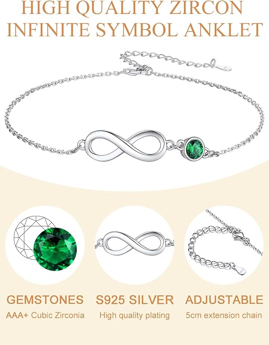 Custom4U Personalized Infinity Ankle Bracelets for Women 925 Sterling Silver Anklet Bracelet Endless Love Symbol Birthstone Charm Adjustable Foot Chain Jewelry Mothers Day Gifts for Mom Wife Women Her
