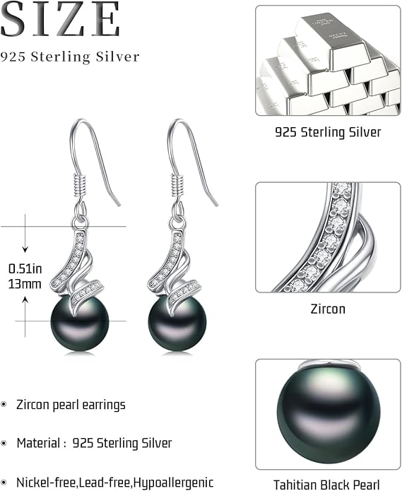 Tahitian Black Pearl Earring 18K White Gold Plated Sterling Silver Dangle Drop Earrings Black Pearl Jewelry Gifts for Women Mom