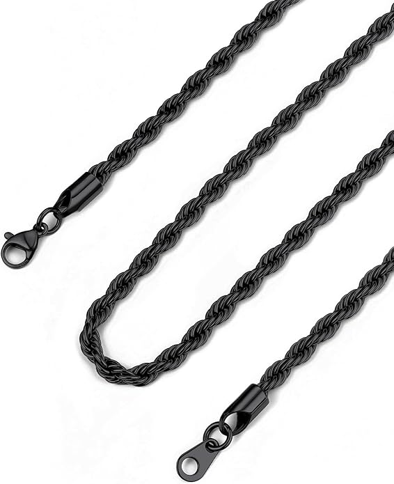 Bandmax Solid 1.5mm/2mm/3mm/6mm Rope Chains for Men Women 14K Gold Plated/Black Plated Stainless Steel Twist Chain 16-30 Inches, with Gift Box