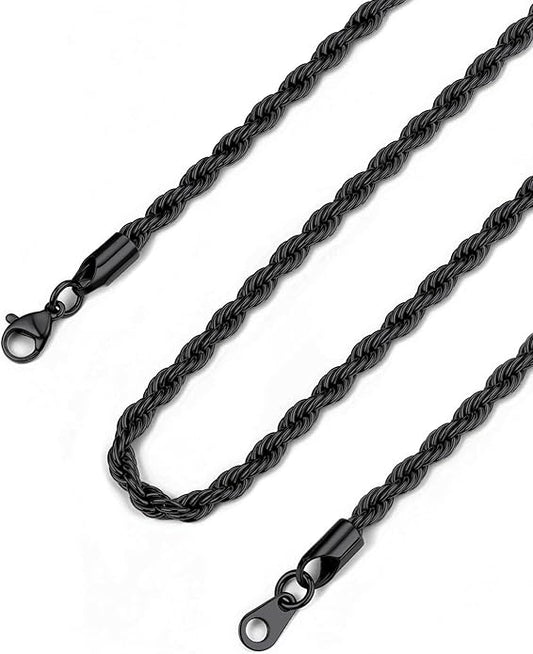 Bandmax Solid 1.5mm/2mm/3mm/6mm Rope Chains for Men Women 14K Gold Plated/Black Plated Stainless Steel Twist Chain 16-30 Inches, with Gift Box