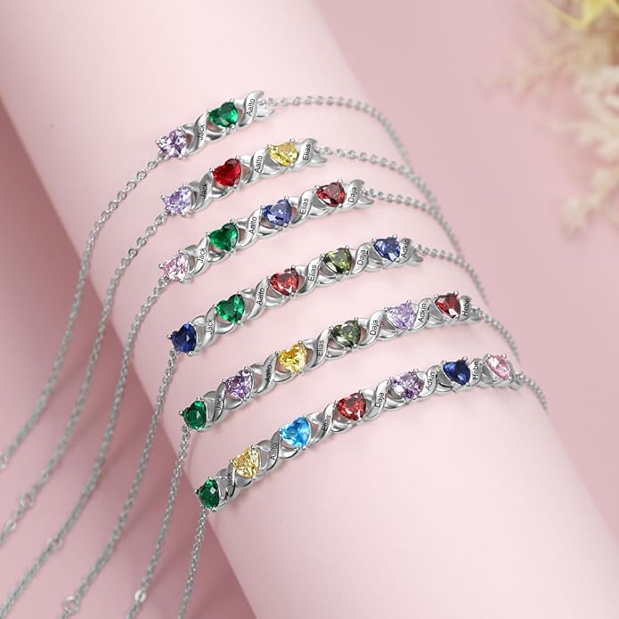 Personalized Custom Name Heart Bracelet with 1-6 Birthstone Bracelets for Women Engraved Family Names Link Bracelets for Mother's Day Mom Daughter